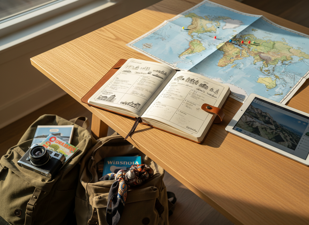 A sleek, modern travel planning workspace laid out on a light oak table, featuring an open leather-bound notebook filled with neatly sketched itineraries, a folded world map with colorful pins marking dream destinations, and a slim silver tablet displaying a photographic map interface. A pair of well-worn canvas backpacks rest nearby, one slightly open to reveal a camera, guidebook, and neatly rolled scarf. Late afternoon natural light from a nearby window casts a warm, golden glow and soft shadows across the scene. Shot at eye level with shallow depth of field, the composition feels intimate and professional, conveying trusted, personalized travel planning in clean, photographic realism.